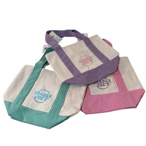 Set of 3 Trader Joe’s Mini Canvas Tote Bag Limited Edition - Pink, Purple, Green